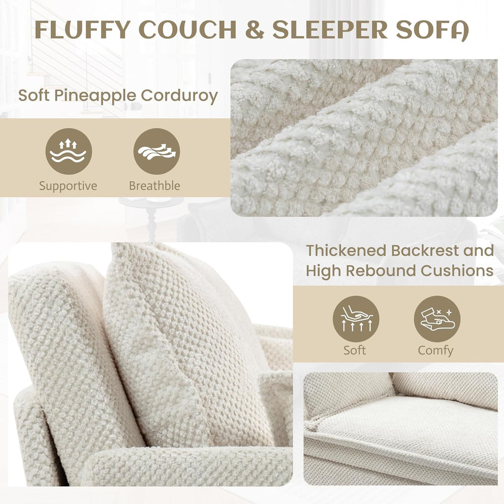 King & Queen Size Pull Out Sofa Bed – Convertible Sleeper Sofa Bed with Cup Holders, USB Ports, Side Pockets, Corduroy Loveseat Couch Chaise Lounge for Living Room, Apartment (Beige, 74")