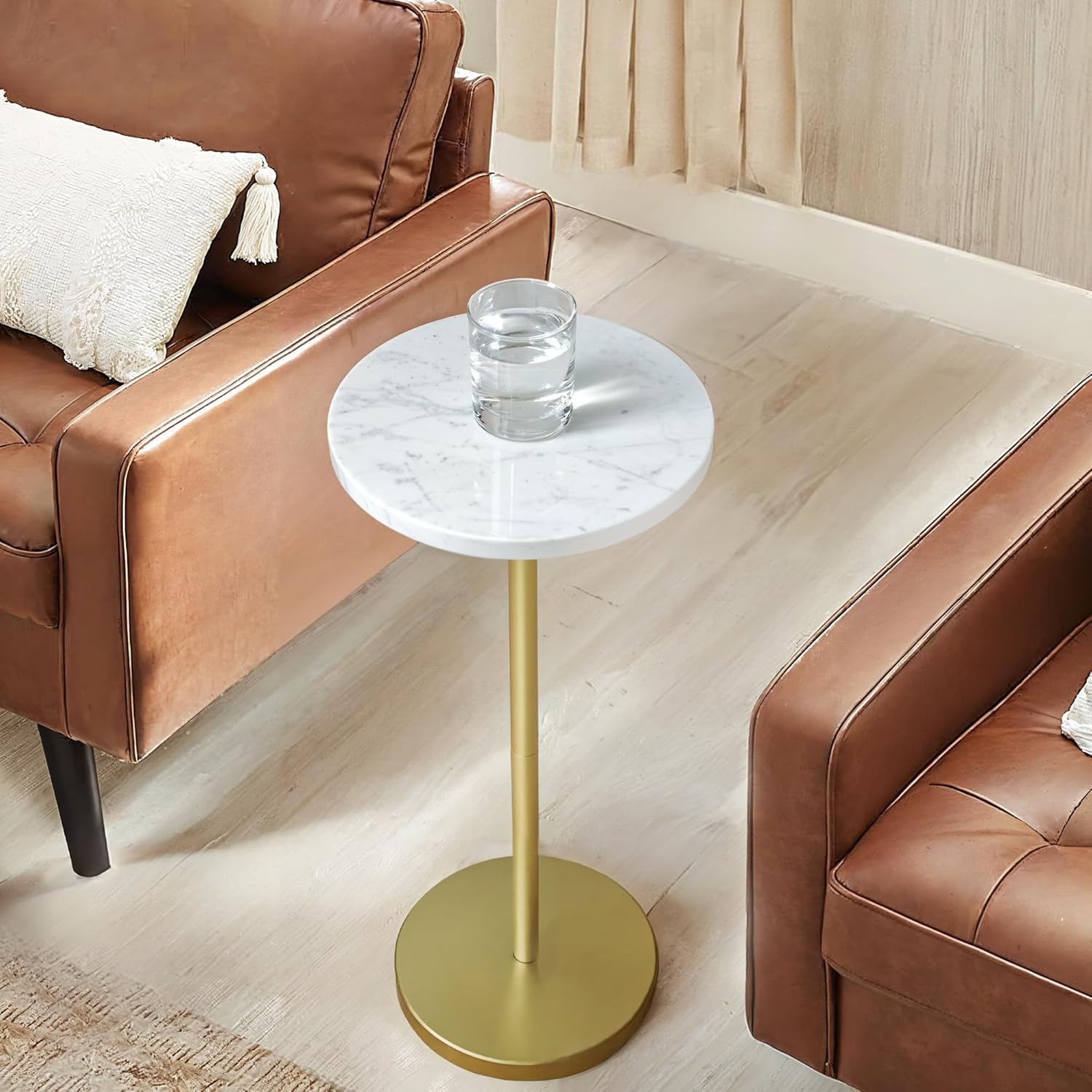 Nature Marble Drink Table, Pedestal Table, Small Round Side Table, Martini Table for Living Room, Bathroom, Small Space (White)