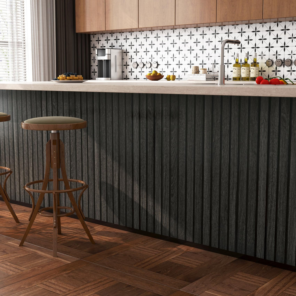 FunStick Black Slats Wood Wallpaper Peel and Stick Wood Contact Paper for Cabinets Peel & Stick Wood Slats Wallpaper for Wall Decor Waterproof Removable Wood Wallpaper for Bedroom Countertops 12"x200"