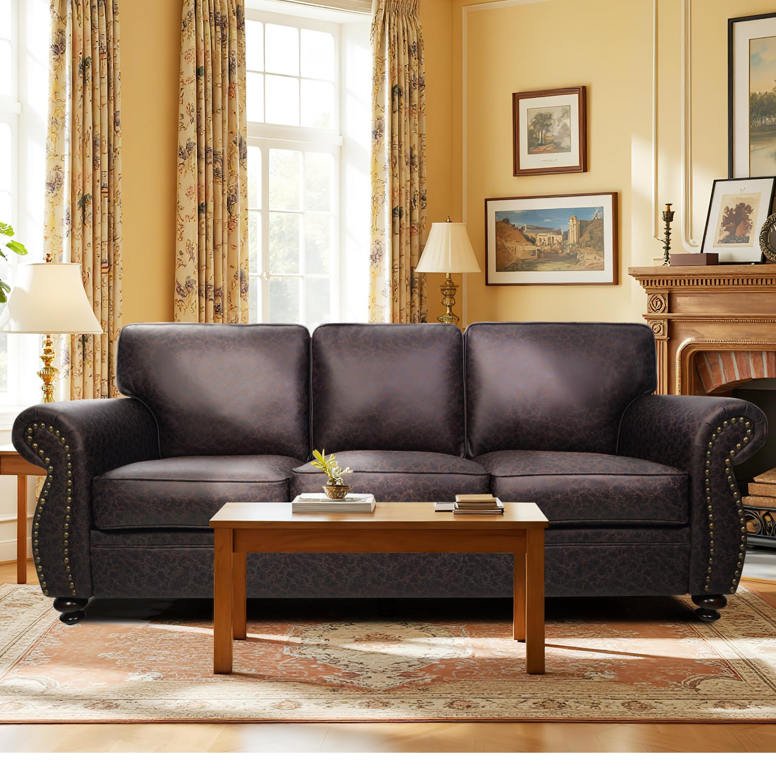 Living Room Furniture Sets,Mid-Century Vintage Sofa Couches with Rivet Design (Brown, Loveseat+3 Seater)