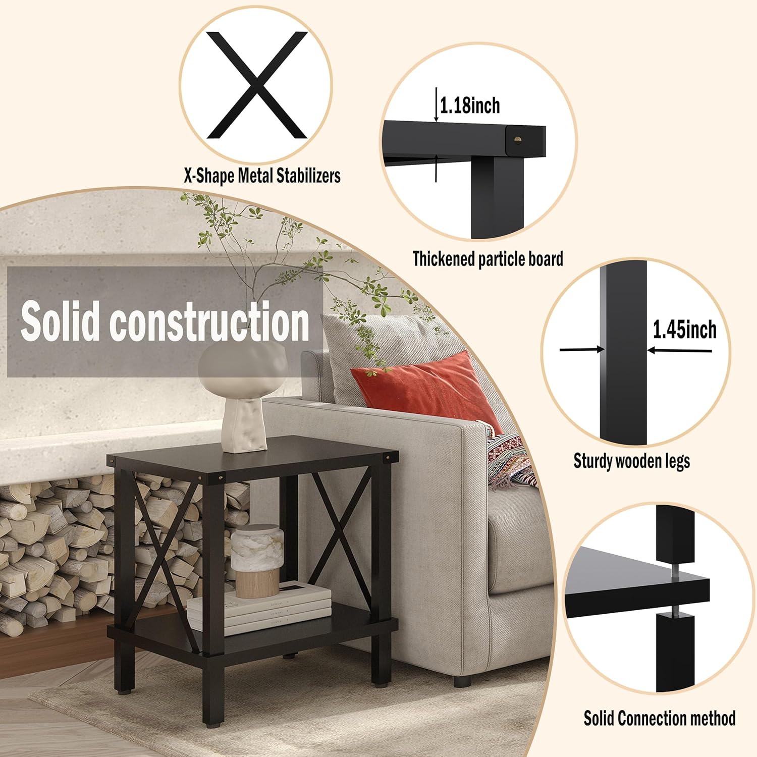 Large End Table Farmhouse Side Table Industrial Style Sofa Table Coffee Table Metal X Accent Wood End Table NightStand with Storage Shelf for Living Room Bedroom Black MLBZ16B