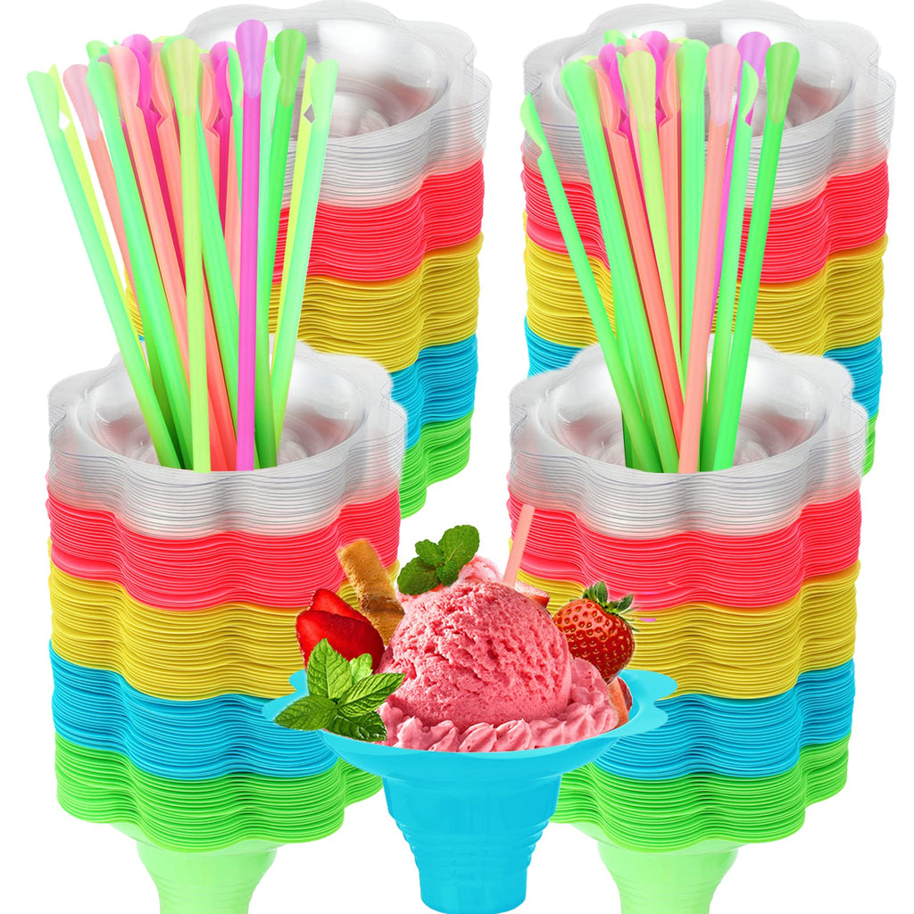 Adodotoe Snow Cone Cups, 100 pcs Shaved Ice Cups and 100 pcs Spoon Straws Snow Cone Bowls Ice Cream Bowls Flower Drip Cups for Birthday Party Summer Cookout,4 oz…
