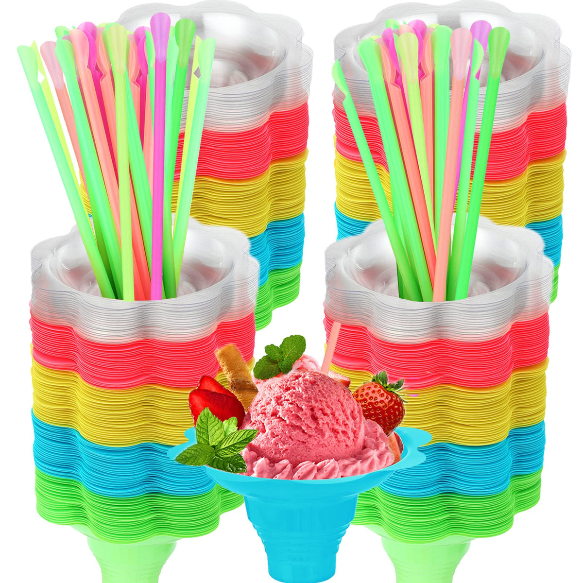 Adodotoe Snow Cone Cups, 100 pcs Shaved Ice Cups and 100 pcs Spoon Straws Snow Cone Bowls Ice Cream Bowls Flower Drip Cups for Birthday Party Summer Cookout,4 oz…