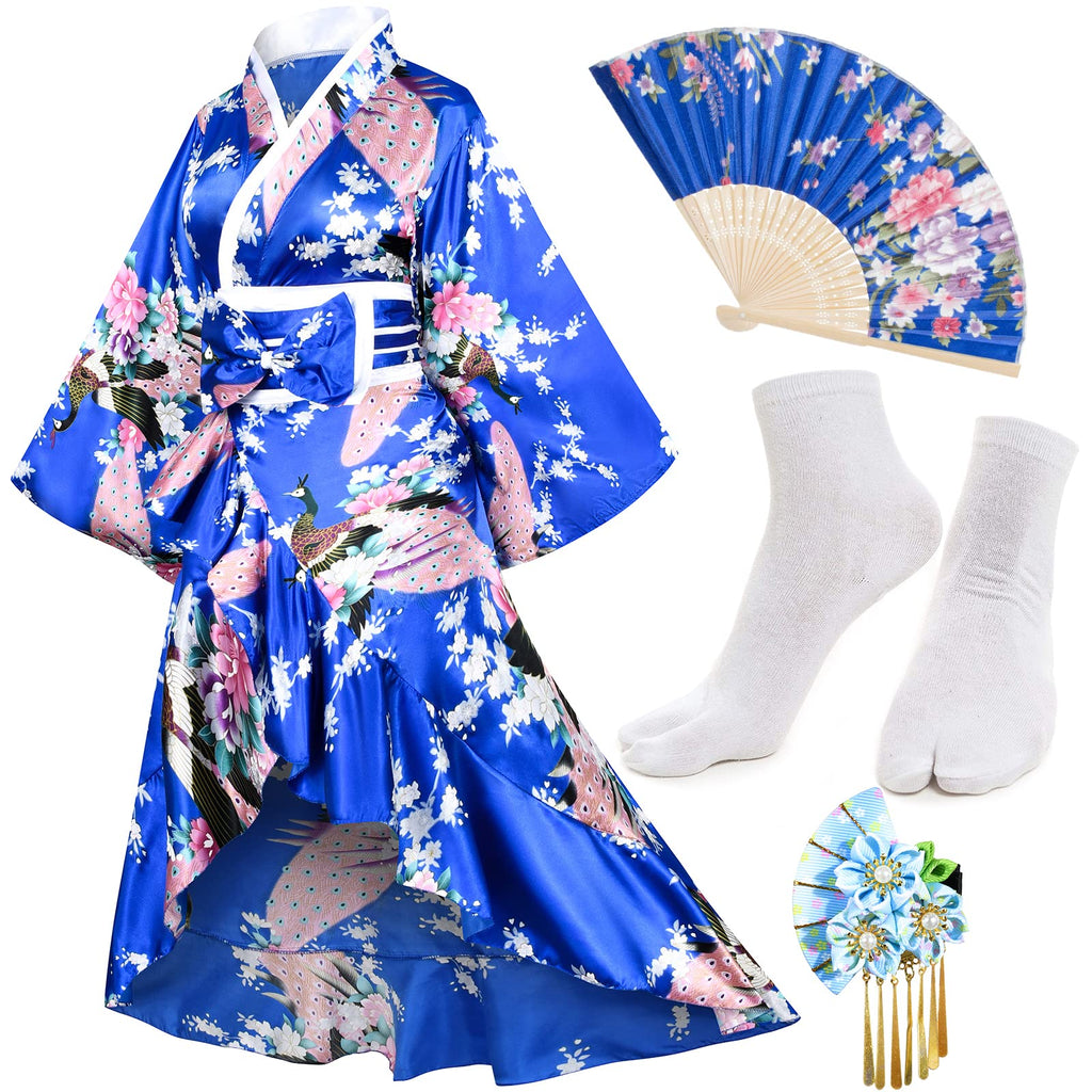 Women's Kimono Robe Geisha Yukata Sweet Tuxedo Ruffle Dress Blossom Satin Bathrobe Sleepwear Fans Tabi Socks Set