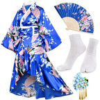 Women's Kimono Robe Geisha Yukata Sweet Tuxedo Ruffle Dress Blossom Satin Bathrobe Sleepwear Fans Tabi Socks Set