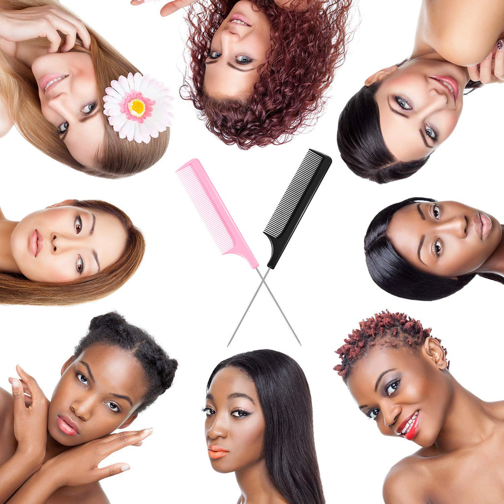 16 Pcs Rat Tail Comb Foiling Steel Pin Rat Tail Fiber Heat Resistant Teasing Combs with Pintail for Women Girls Hair Styling(Black and Pink)