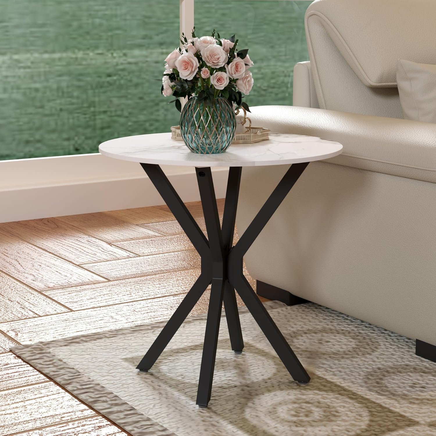 Round Marble Side Table Set of 2, Modern Style End Table with Sintered Stone Top and Black Metal Legs, Small Sofa Coffee Table for Living Room Bedroom (White, 20" x 20 "x 22")