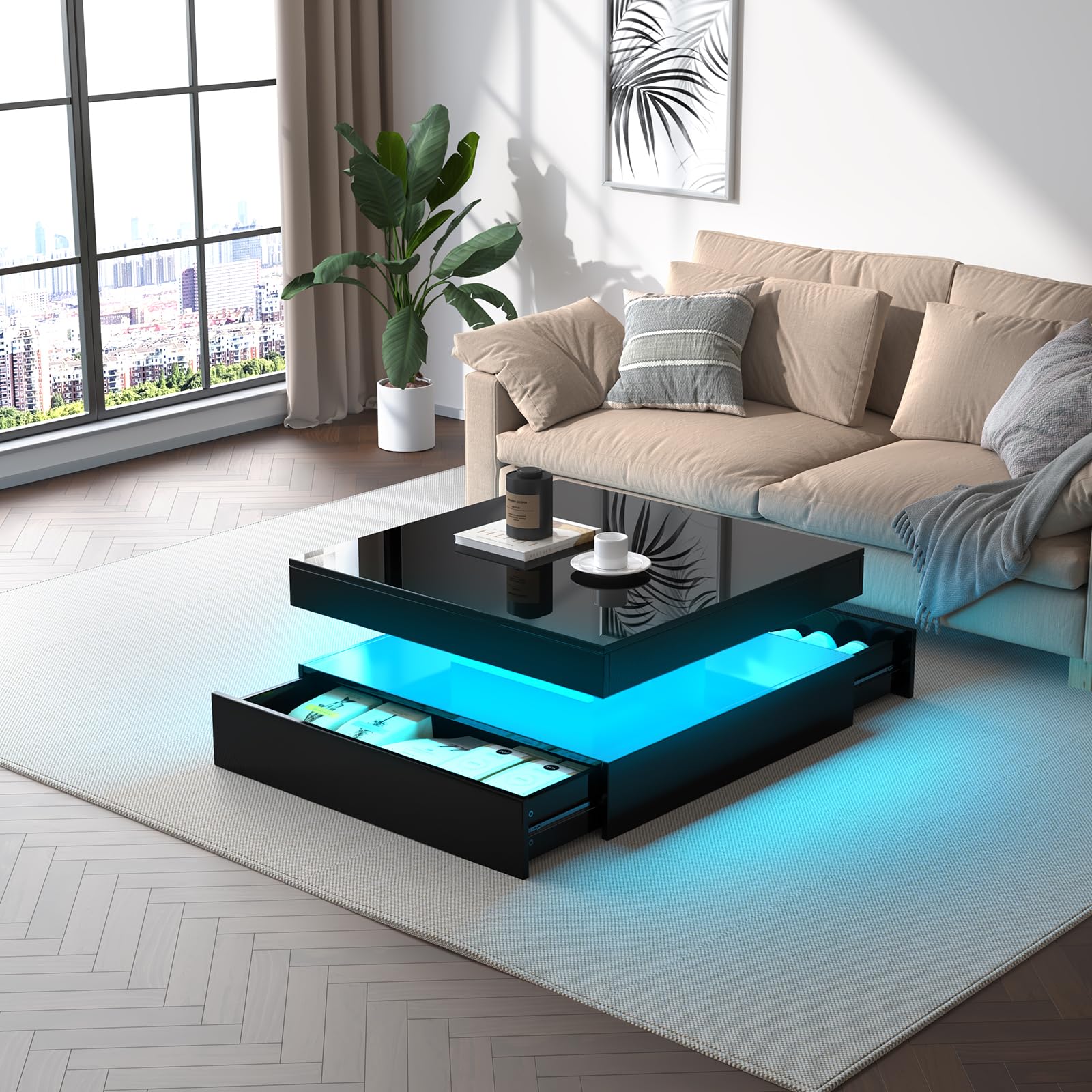FKWin Black Modern Coffee Tables - Endless Depth Mirror Square Coffee Table with LED Lights, Black Table for Living Room, Tempered Glass-Top Center Tables, 31"