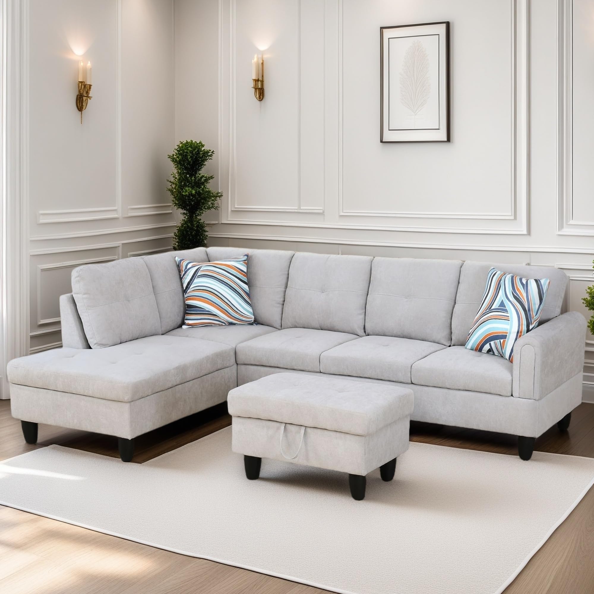 Leather Sectional Couch, Modern L Shaped Couches for Living Room, Comfy 4 Seat Modular Sectional Sofa with Ottoman Storage for Bedroom Apartment, Black