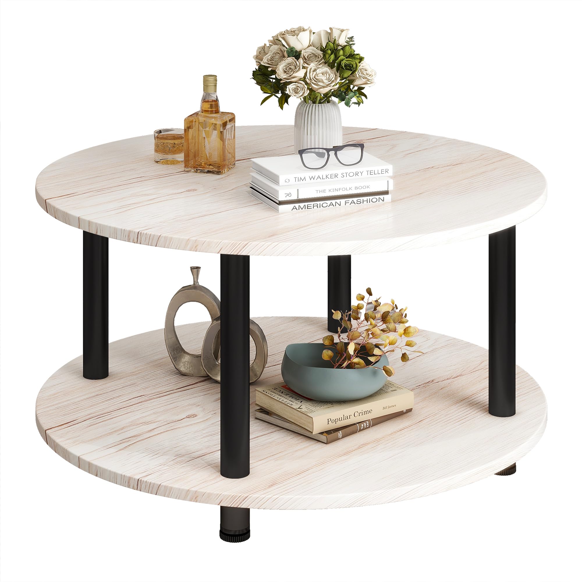 23.6" Round Coffee Table, 2-Tier Small Circle Coffee Table with Storage, Modern Center Accent Table with Metal Frame, Side Table End Table for Small Space, Living Room, Office, Rustic Brown