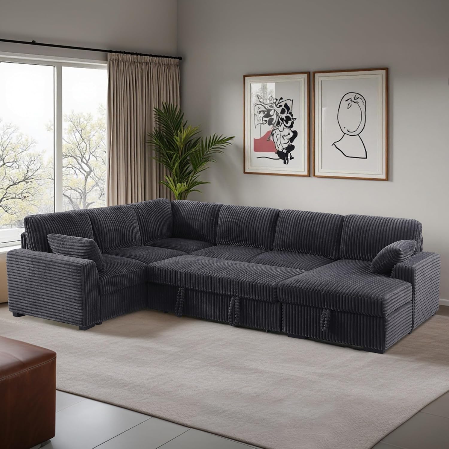 Oversized U-Shaped Sleeper Sectional Sofa Modern Fluffy Corduroy Upholstered Corner Convertible Sofabed with Pull Out Sleeper Couch Bed ,Storage Left Chaise and Pillows for Living Room Furniture Sets