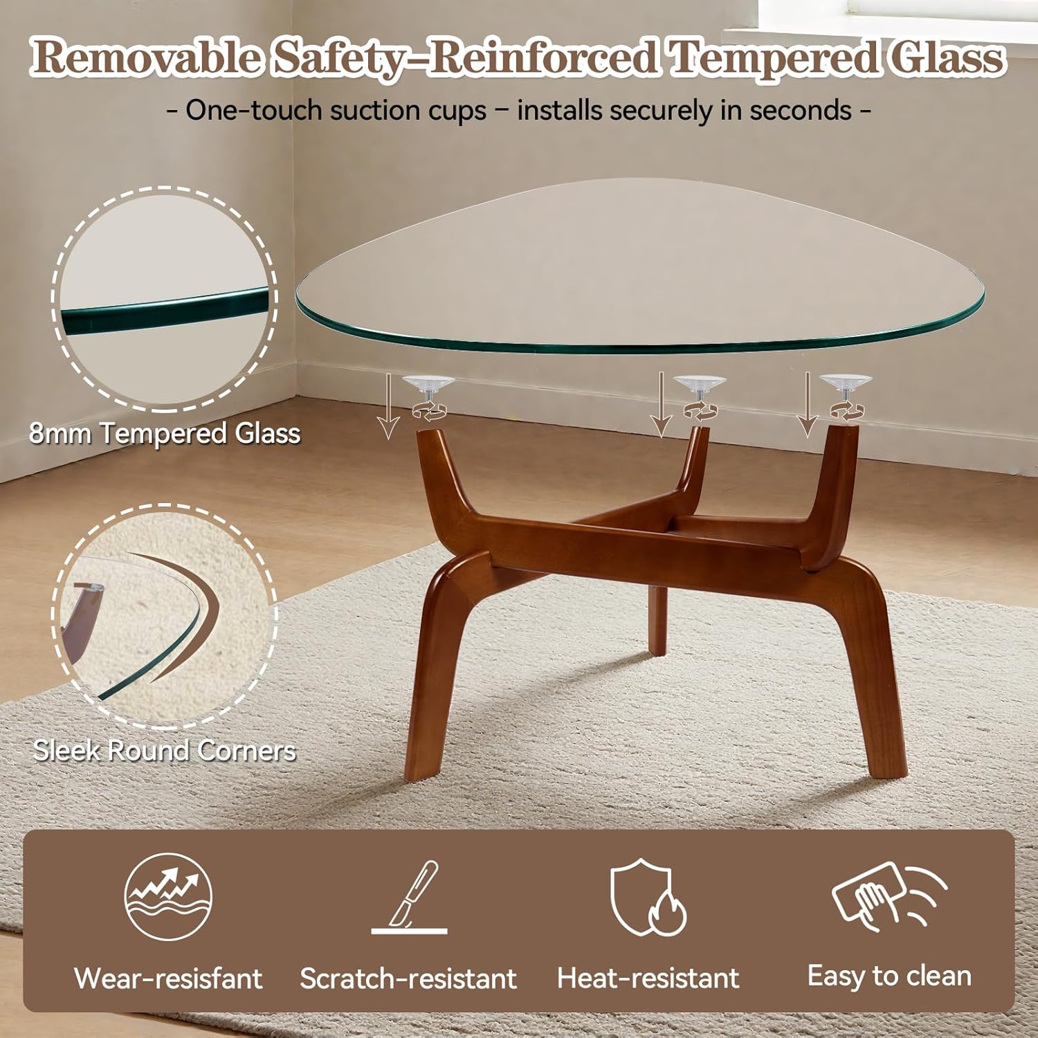 Glass Coffee Tables for Living Room, Triangle Coffee Table with Non-Tip Rubber Wood Base, Morden Tea Table with Tempered Glass Top | Perfect for Homes with Kids/Pets, Office, Apartment (Brown)