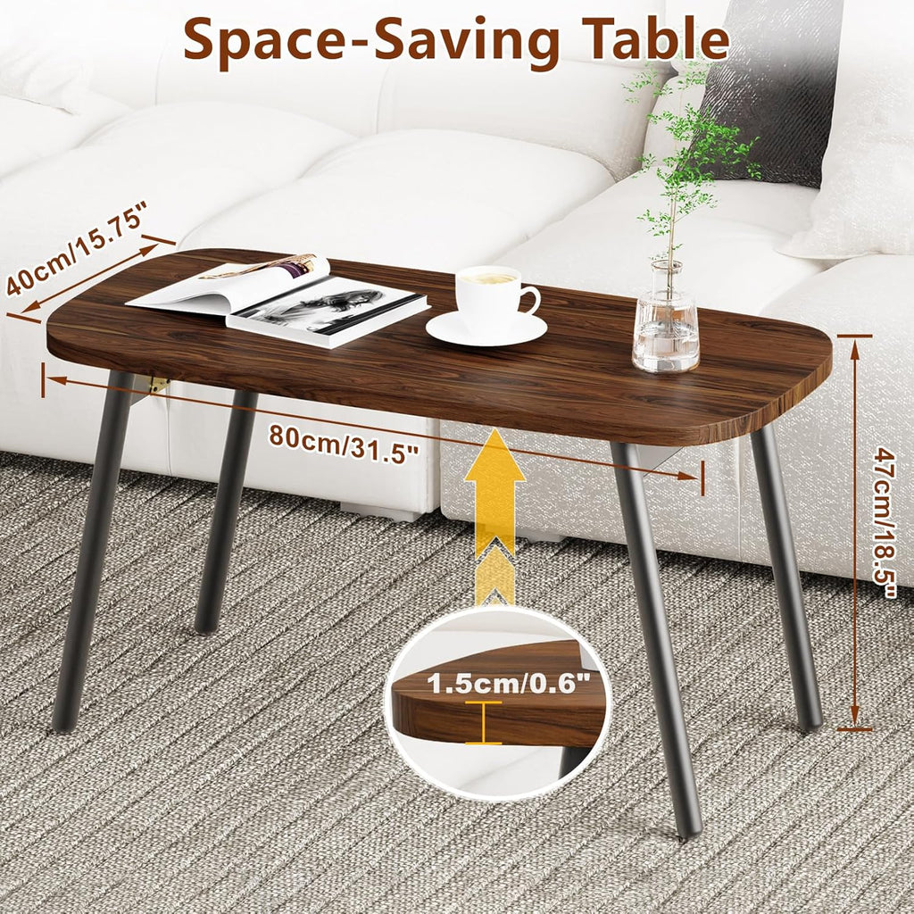 Folding Coffee Table, Wood Coffee Table Portable Low Floor Table with Metal Legs, Mid Century Modern Rustic Coffee Tables for Living Room, Home, Office, No Assembly 31.5x15.75x18.5IN