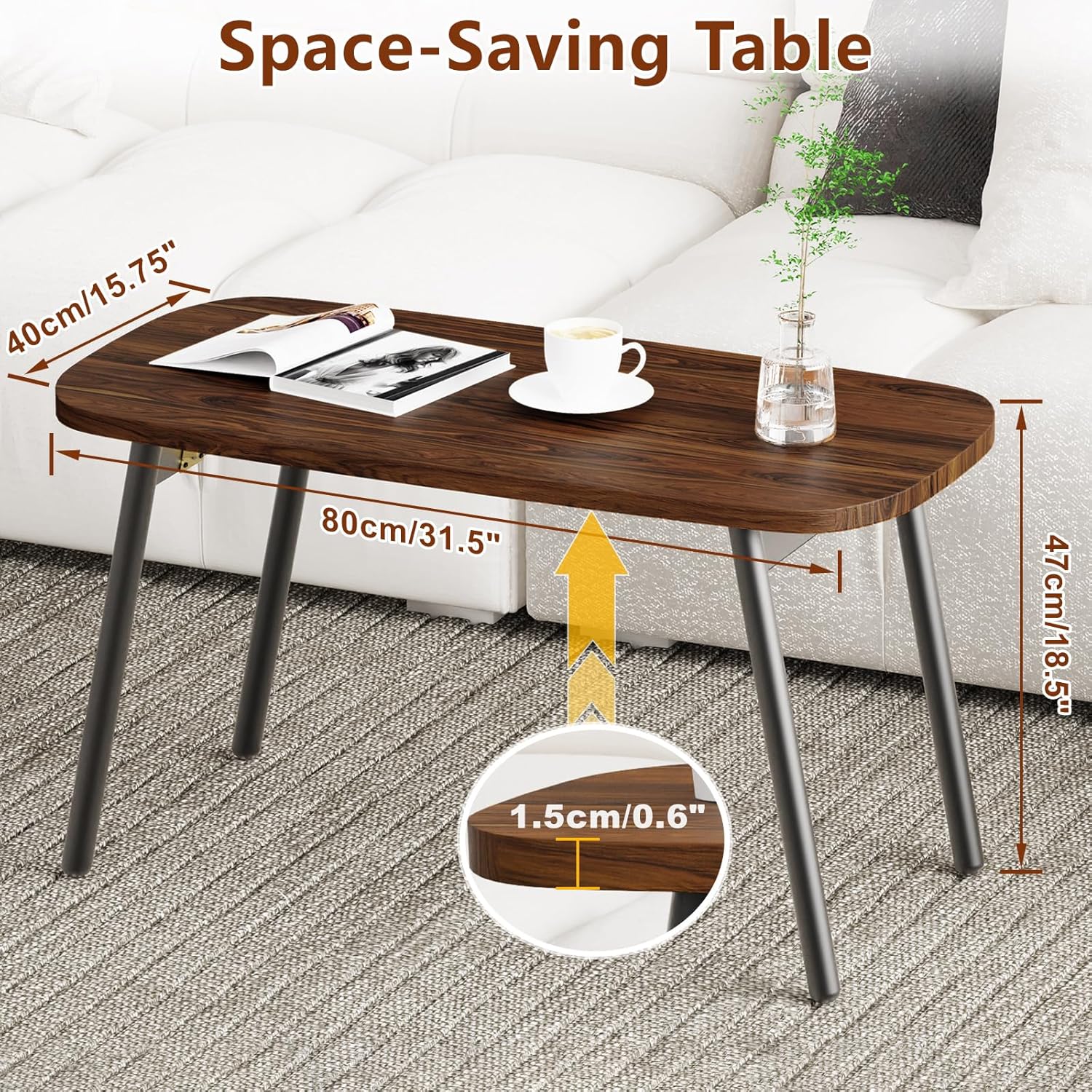 Folding Coffee Table, Wood Coffee Table Portable Low Floor Table with Metal Legs, Mid Century Modern Rustic Coffee Tables for Living Room, Home, Office, No Assembly 31.5x15.75x18.5IN