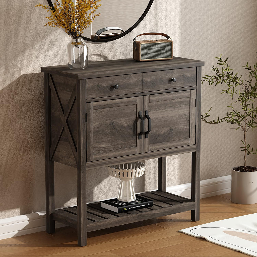 ChooChoo Farmhouse Console Table, Entryway Table with Storage Shelf, Coffee Bar Cabinet, Narrow Buffet Sideboard for Kitchen, Hallway, Living Room, White