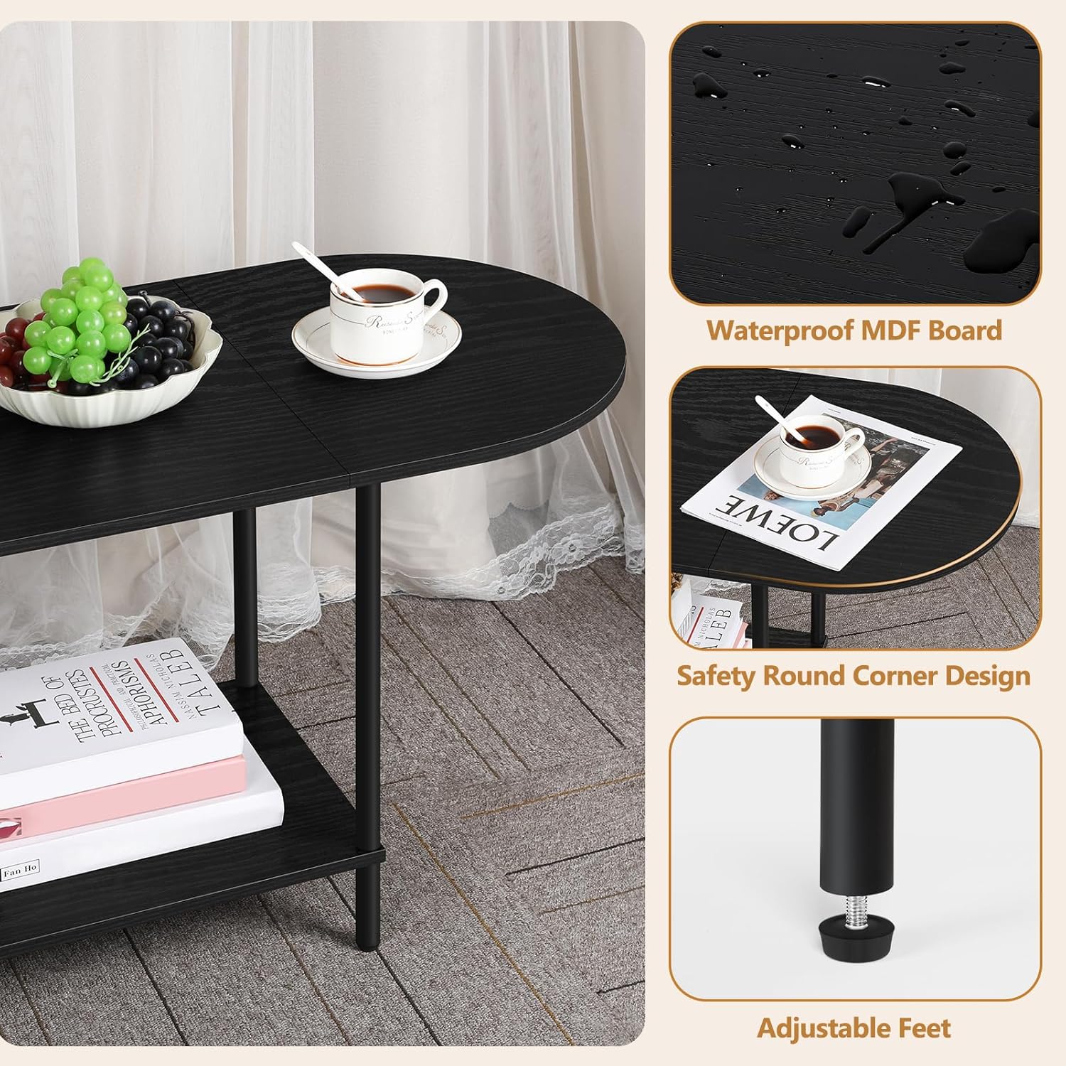 OYEAL Black Coffee Table for Living Room, 2-Tier Small Oval Center Table, Mid Century Farmhouse Round Tea Table with Storage Shelf for Small Space, Home Office, Living Room