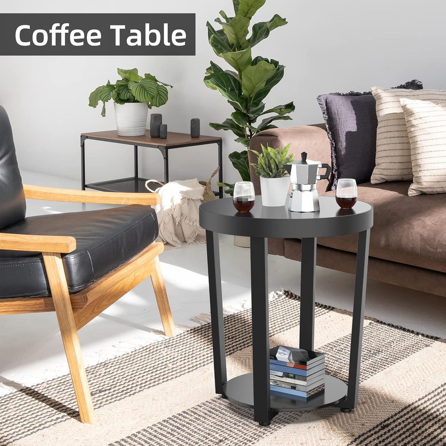 Round End Table, Tempered Glass End Table with Metal Frame, Small Coffee Table, Black Sofa Side Table for Living Room, Balcony, Bedroom