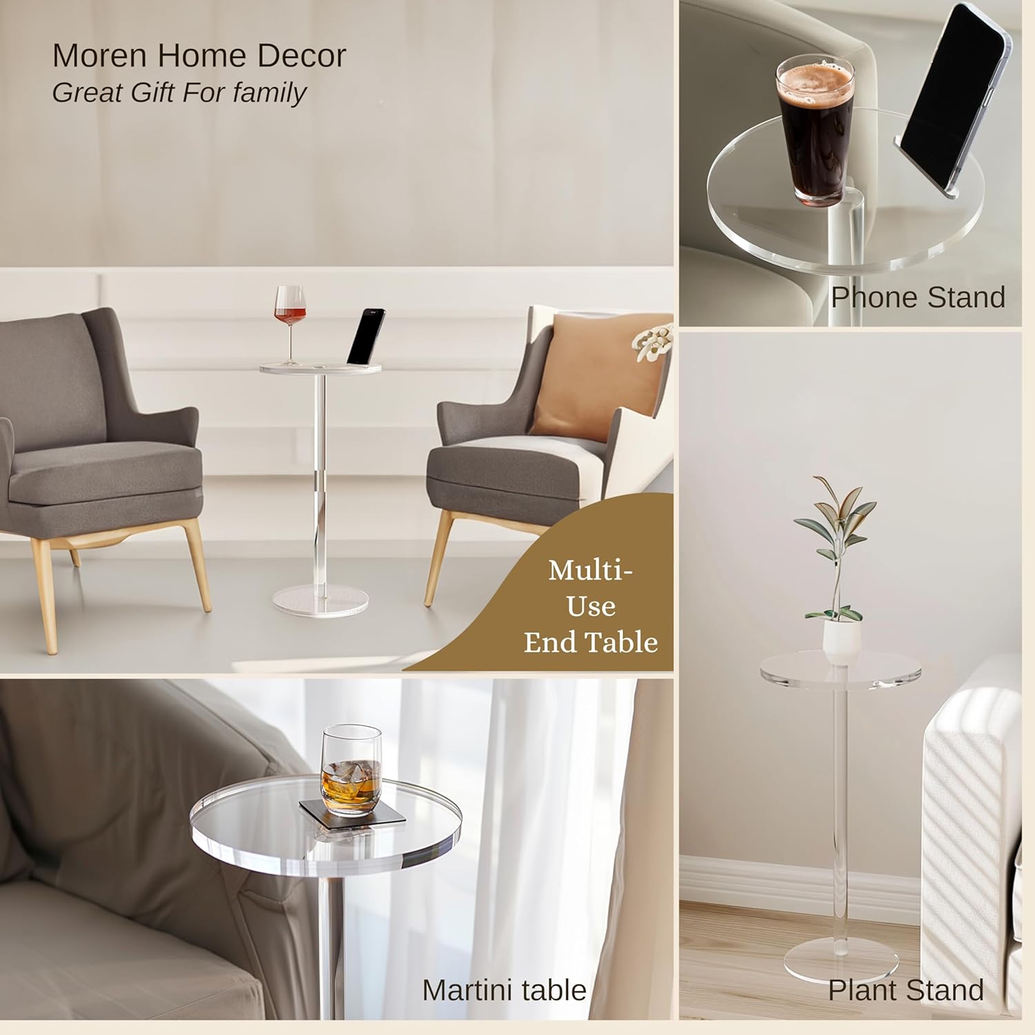 Acrylic Drink Table, Small Round Side Table for Small Space, Pedestal End Tables with Phone Holder, Multi-Use Modern Accent Tables, Martini/Cocktail Table for Living Room 10"X21" Easy Assembly