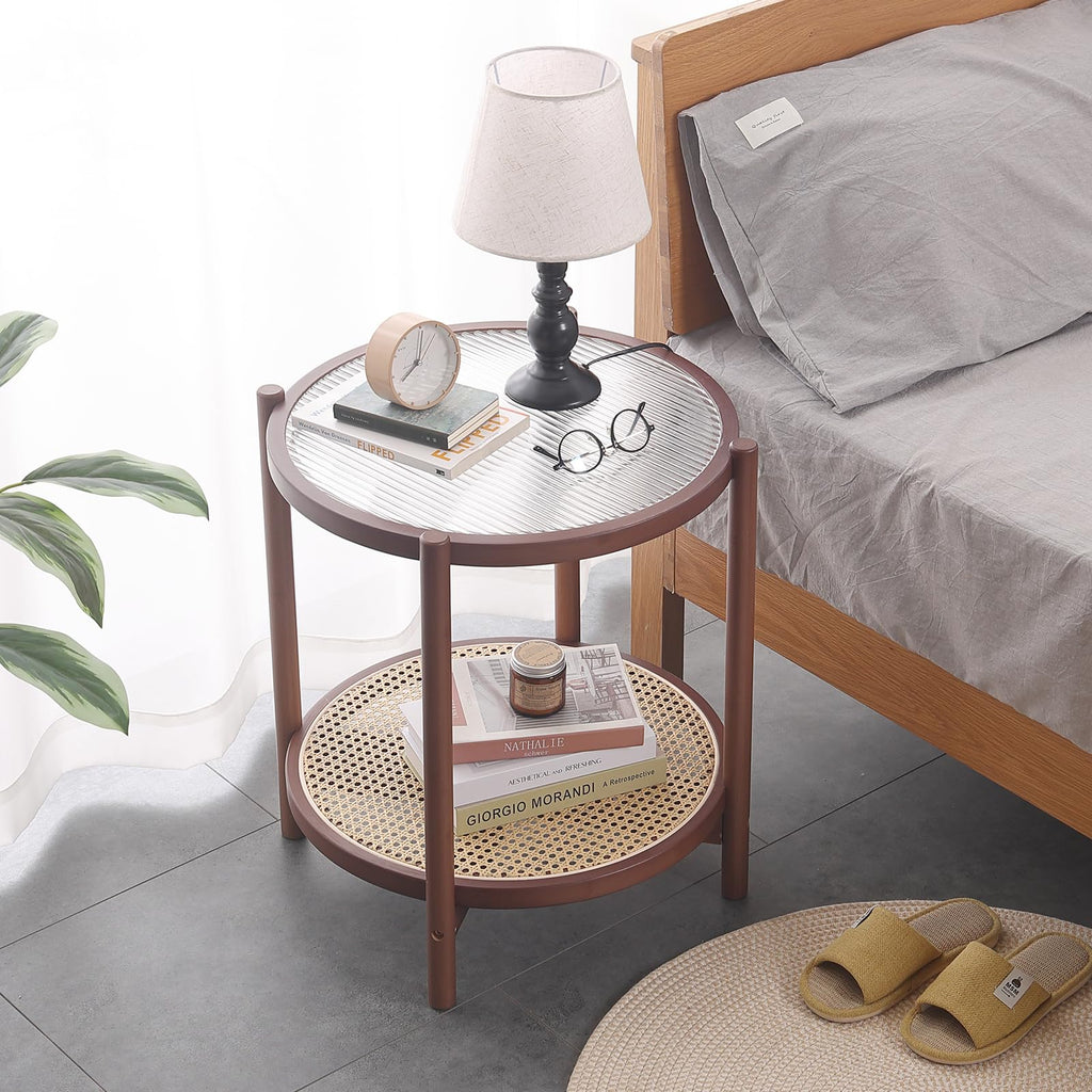 Tiita Rattan Coffee Table, Round End Table, 19.7Inch Modern Side Table, Small Bamboo Living Room Side Table, Glass Sofa End Table for Balcony and Office Outdoor/Indoor (Wood)