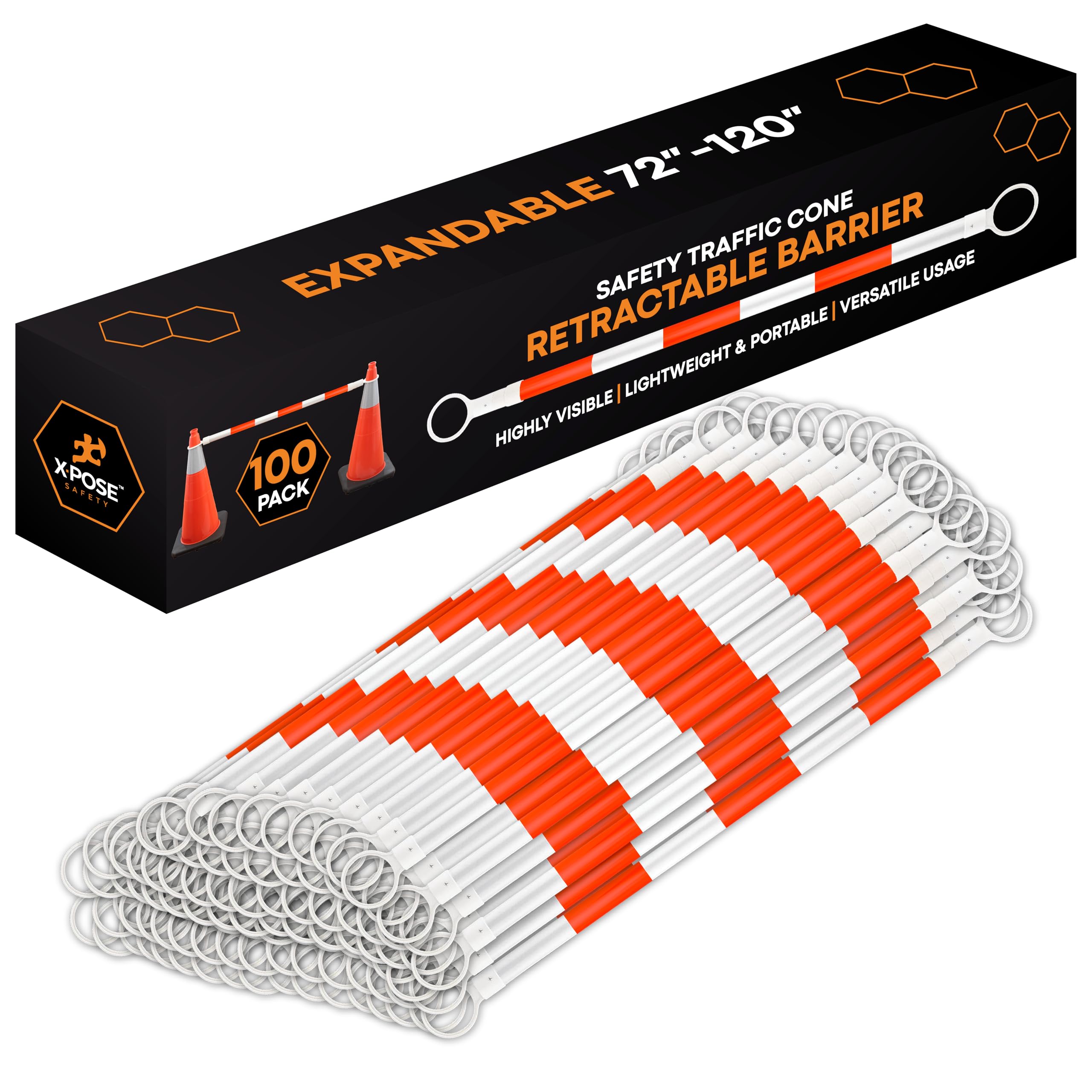 Retractable Barrier for Safety Traffic Cones - 2" OD - Large Yellow and Black Bar Barricade - for Road Construction, Parking, Warning, Temporary Security Divider (40, Orange & White, 72" x 120")