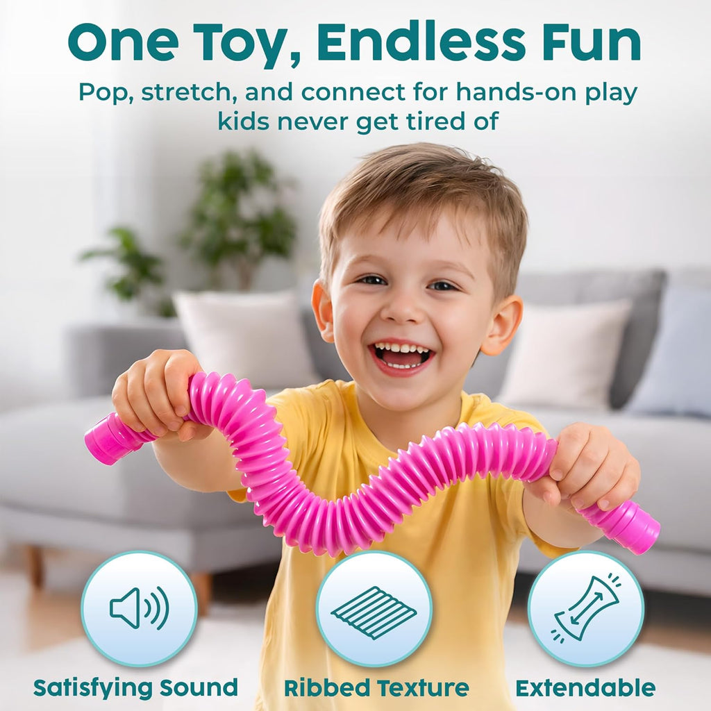 BUNMO Easter Basket Stuffers for Toddler - Pop Tubes - Sensory Fidget Toys - Creative Learning - Hours of Fun for Kids - Easter Toys - Tons of Ways to Play - Non-Mouthable 3+ - 4 Pack Large