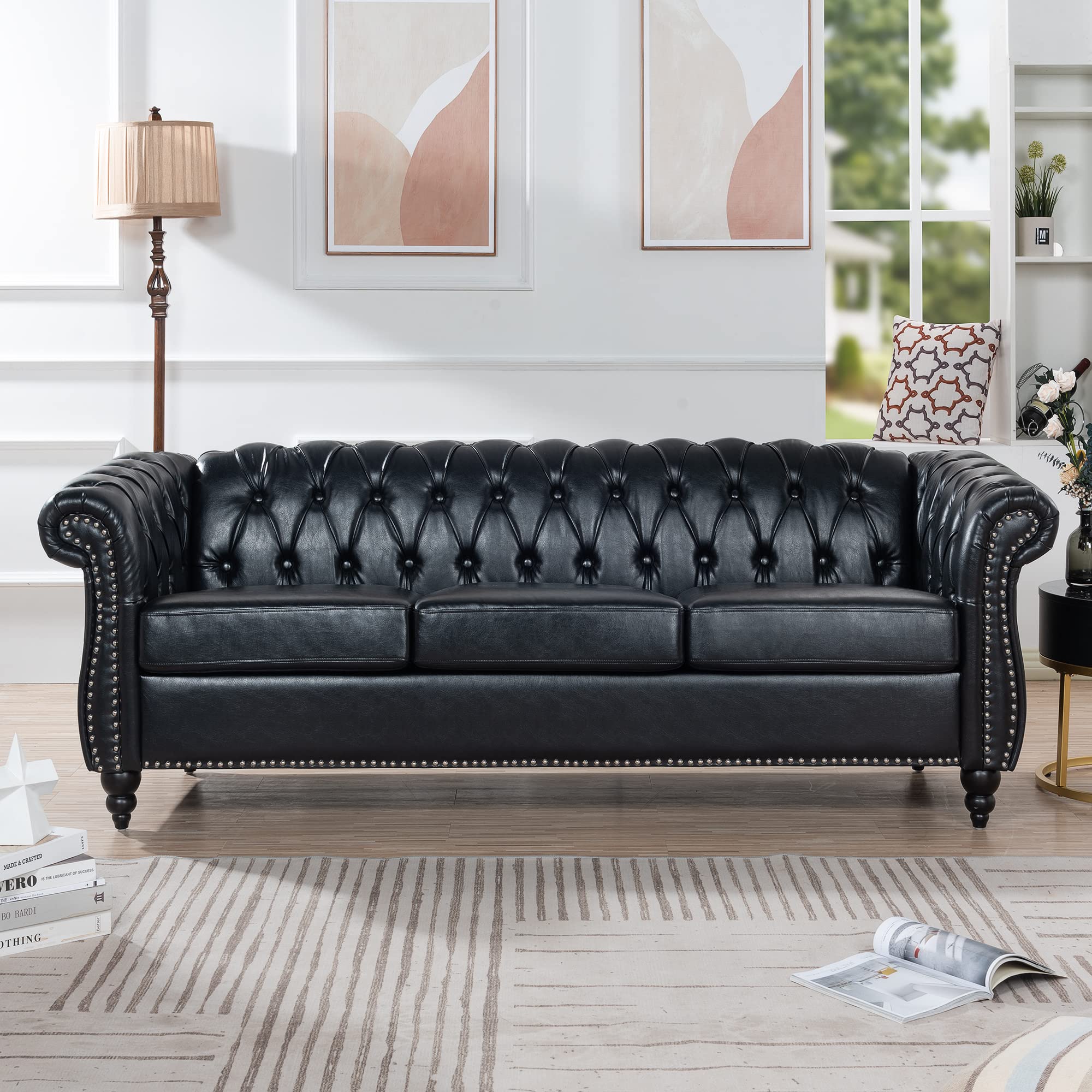 Ball & Cast 83" Chesterfield Leather Sofa with Channel Tufted Seat Back,Removable Square Arm Nailhead Trim Classic 3 Seater Couch,Mid Centuryfor Living Room,Bedroom,Office,Black PU