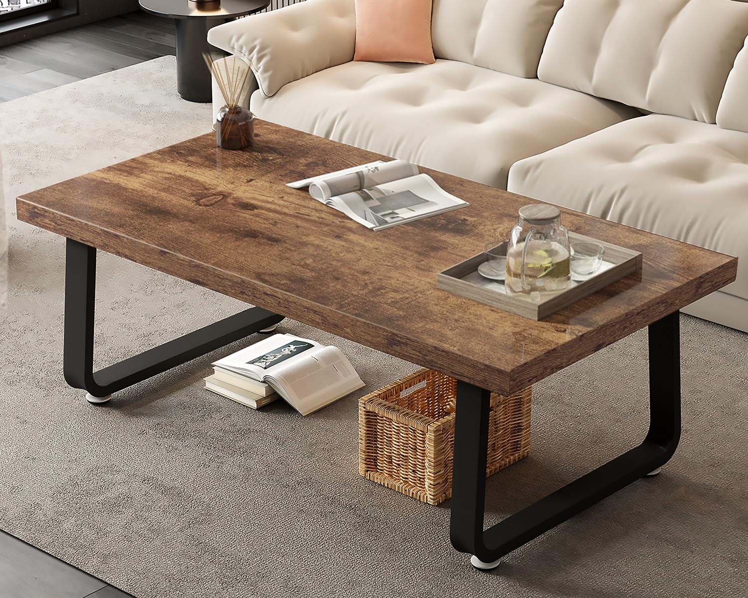HSH Black Modern Coffee Table, Rustic Wood and Metal Center Table, Farmhouse Simple Living Room Coffee Tables, Industrial Minimalist Wooden Tea Coffee Table for Bedroom Home Office, Black Oak, 39 in
