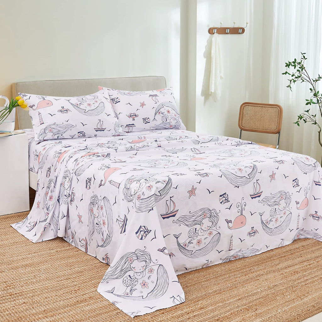 ست ملحفه کودکان یونیکورن صورتی JSD، سایز تویین، ۳ تکه، ملحفه‌های رختخواب میکروفایبر چاپ شده با طرح رنگین کمان برای دختران، جیب عمیق