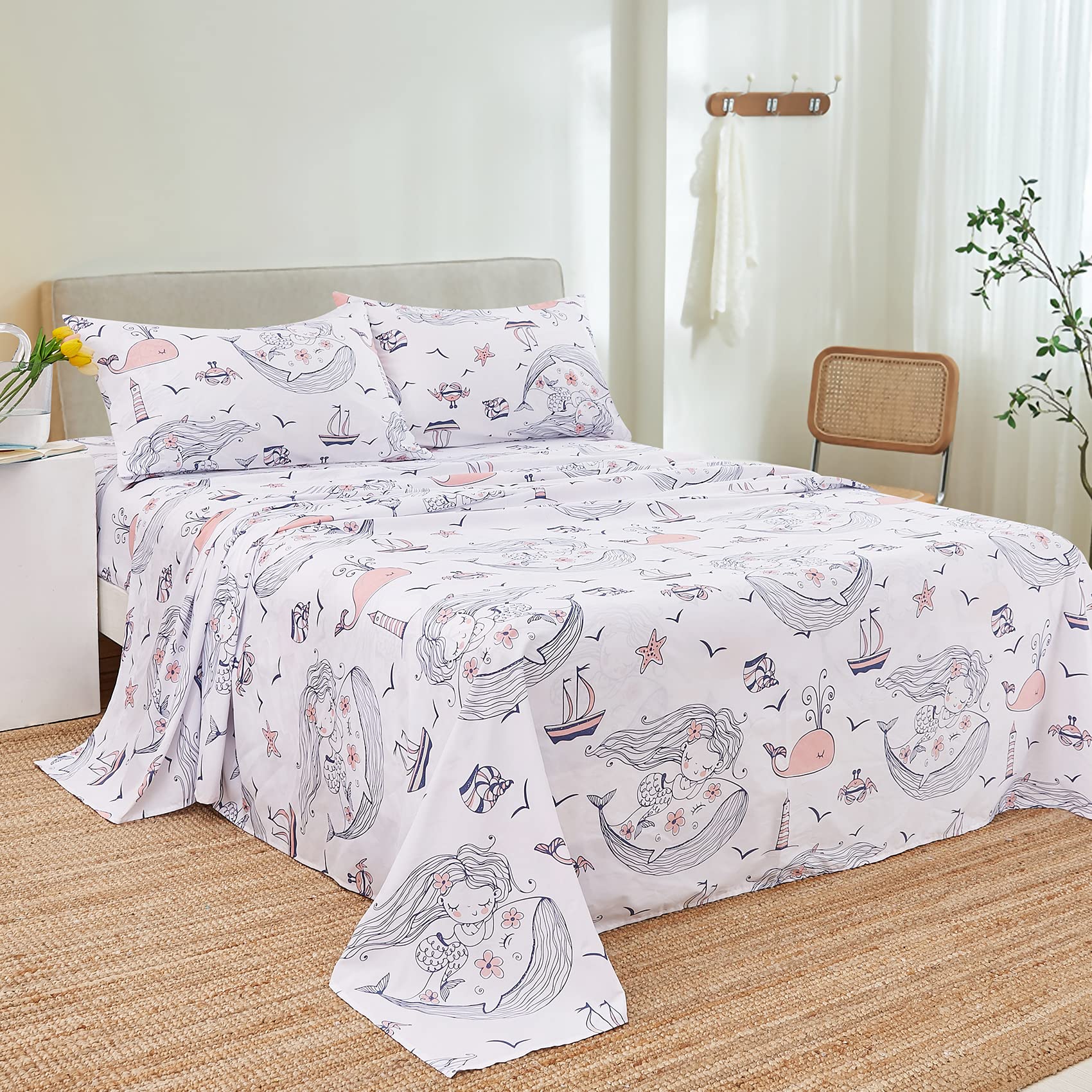 ست ملحفه کودکان یونیکورن صورتی JSD، سایز تویین، ۳ تکه، ملحفه‌های رختخواب میکروفایبر چاپ شده با طرح رنگین کمان برای دختران، جیب عمیق