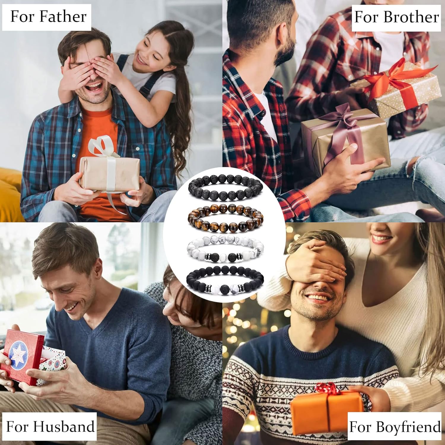 RANKEEF Tiger Eye Bracelet For Men 8MM Natural Stone Stretch Adjustable Black Crystal Beaded Bracelet for Men Women Gifts