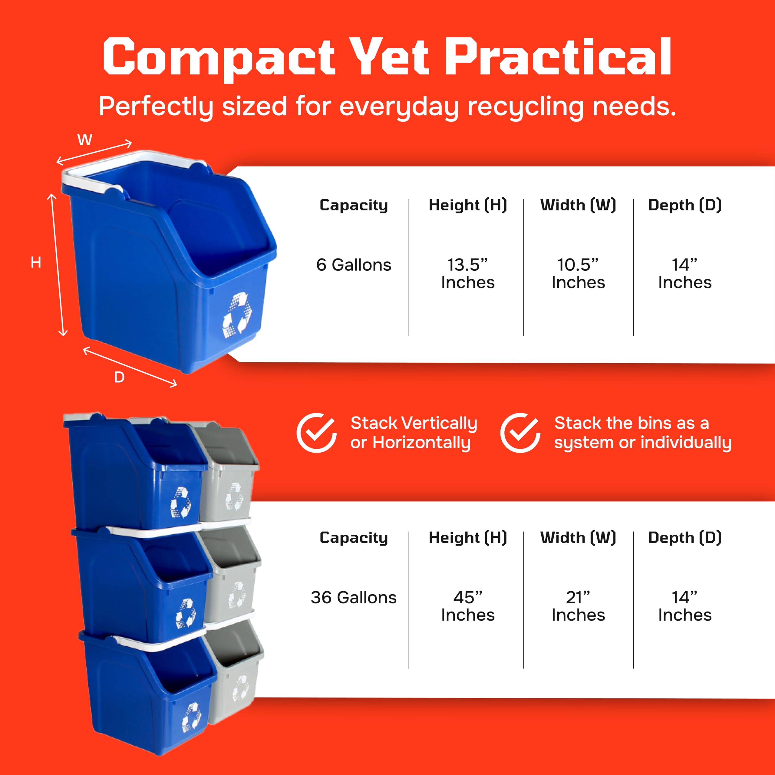 Multi Bin Recycling System with Three Stackable 6 Gallon Recycle Bins to Build Your Recycling Center for Offices, Kitchen, Garages, Businesses (3 Pack, Blue/Grey/Green)