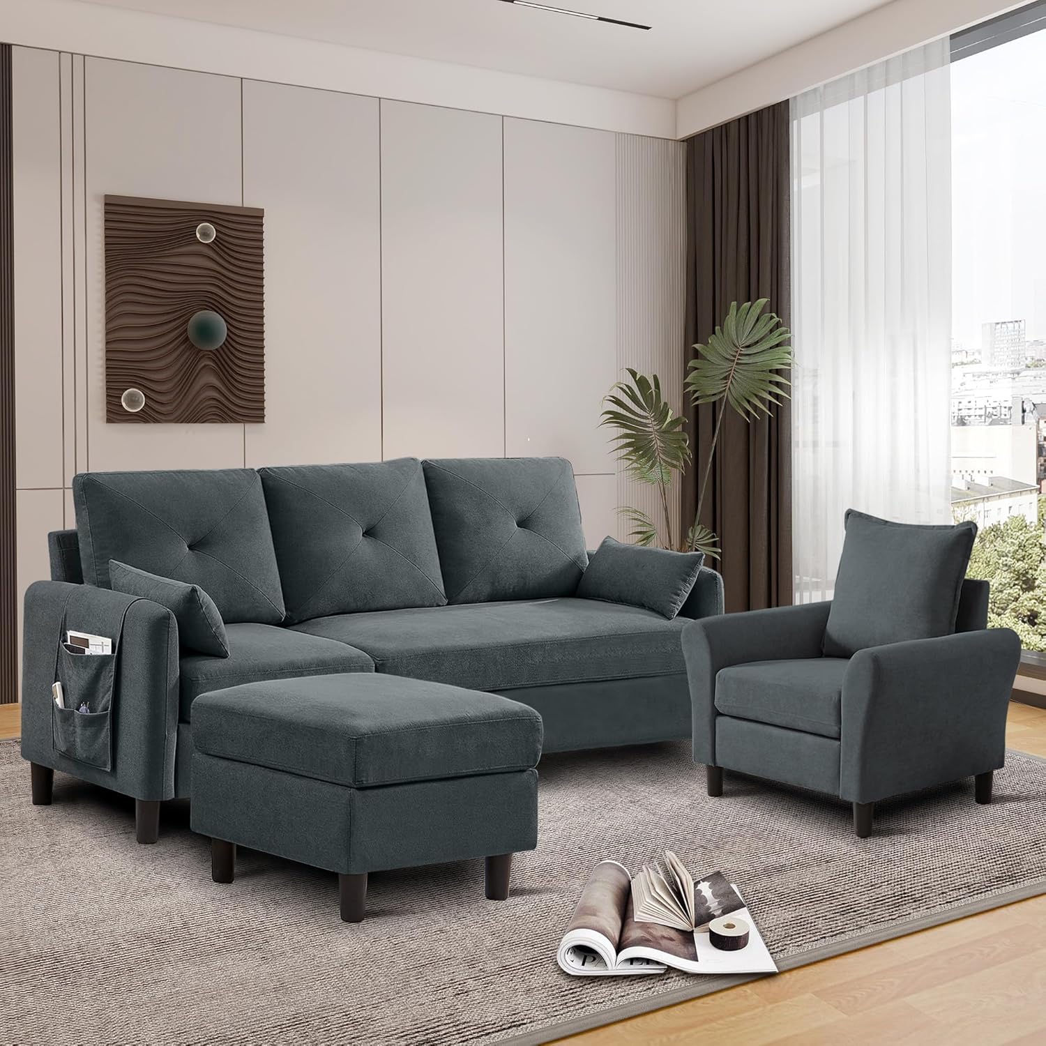 Sectional Sofa Set Convertible and Accent Chair - Small 3 Seat L Shaped Couch With Reversible Ottoman and Side Pockets, Modern Linen for Living Room, Office, Apartment, Dark Grey
