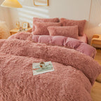 Fluffy Pink Faux Fur Comforter Cover Set，Fluffy Fuzzy Plush Pink Bedding 3Pcs (1 Faux Fur Duvet Cover +2 Fuzzy Pillowcases) Pink Fluffy Bed Set (Pink, Queen)