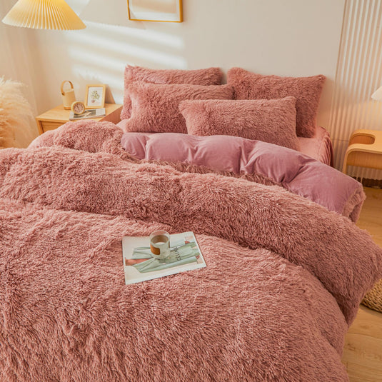 Fluffy Pink Faux Fur Comforter Cover Set，Fluffy Fuzzy Plush Pink Bedding 3Pcs (1 Faux Fur Duvet Cover +2 Fuzzy Pillowcases) Pink Fluffy Bed Set (Pink, Queen)