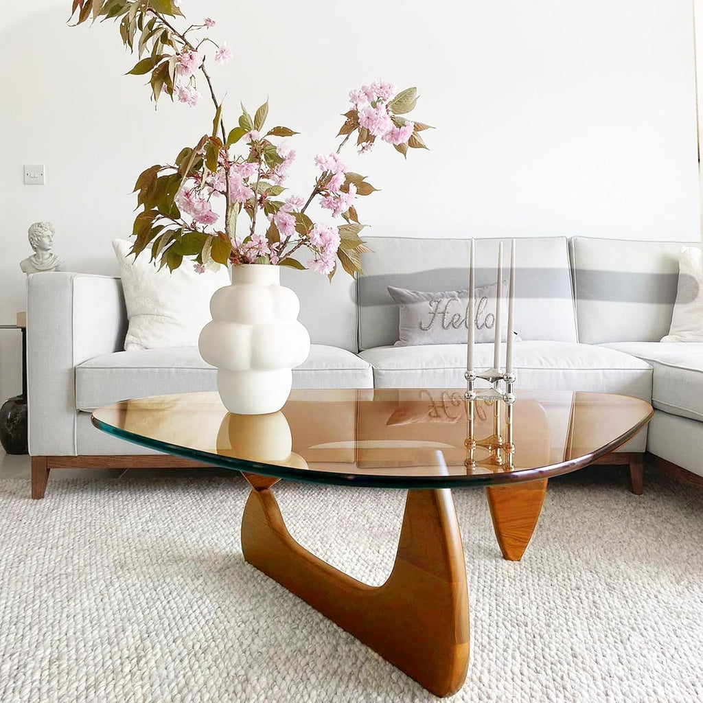 Small Coffee Table Modern Glass Coffee Table, Mid Century Coffee Tables for Living Room, Mesa de Centro para Sala, Rustic Oval Coffee Tables with Glass Top & Wood Base, (Walnut Brown, 31.5in)