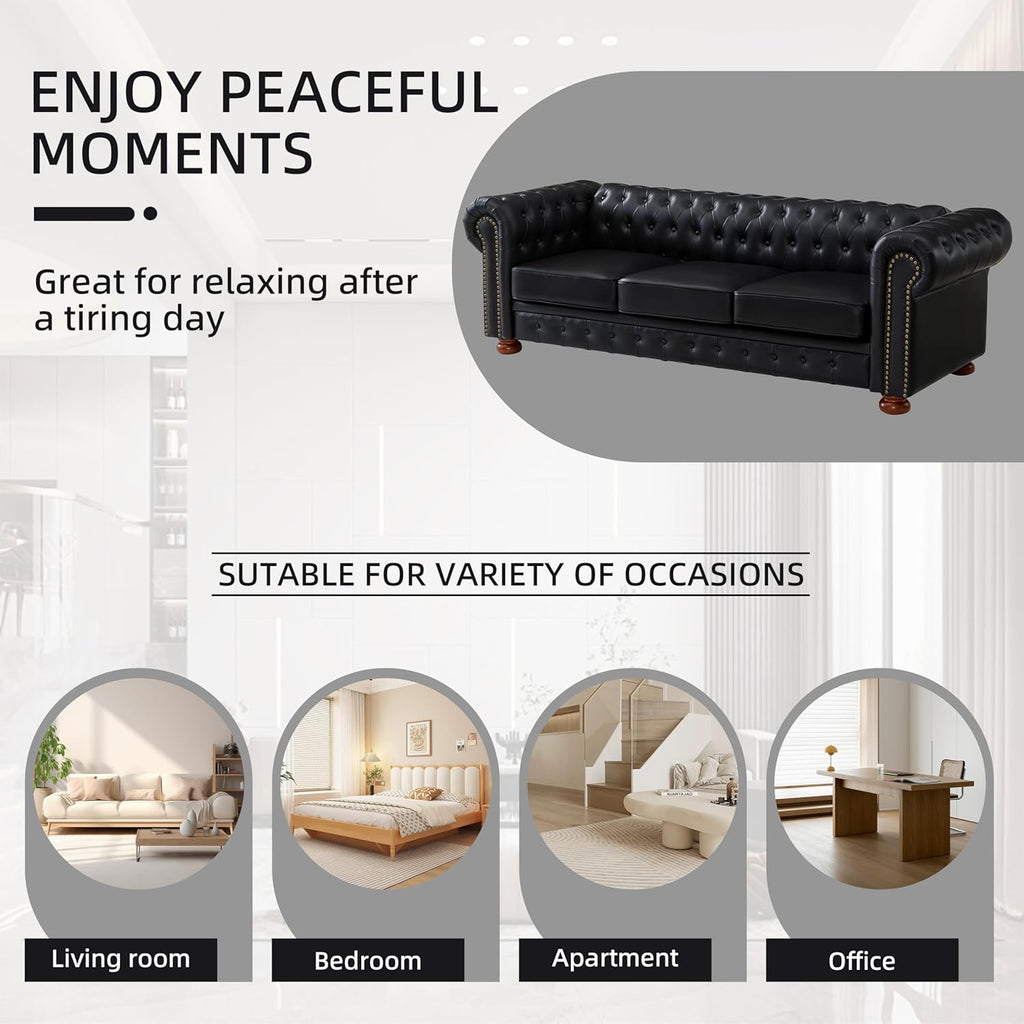 Chesterfield Leather Sofa, 89" Mid Century Modern Couch with Low Back, Roll Arm Nailhead Trim Classic 3 Seater Couch for Living Room, Office, Apartment, PU Black