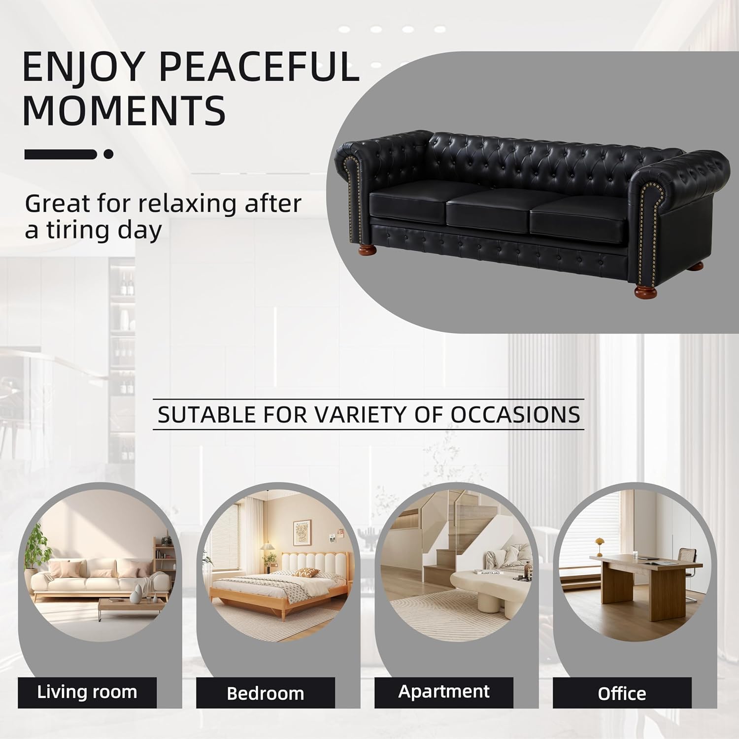 Chesterfield Leather Sofa, 89" Mid Century Modern Couch with Low Back, Roll Arm Nailhead Trim Classic 3 Seater Couch for Living Room, Office, Apartment, PU Black