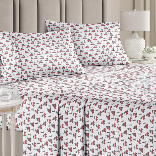 King Christmas Tree Sheet Set - Holiday Xmas Pattern Linen Set - Deep Pockets - Snug Fit - 4 Piece - Wrinkle Free - Comfy & Cooling Festive Winter Bedding - Easy To Care For - Kid Friendly