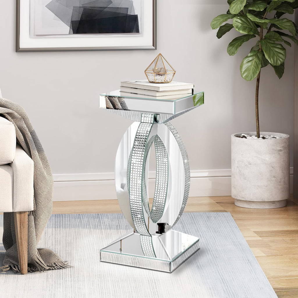 Silver Mirrored End Table With Crystal Inlay, Modern Side Table Accent Table, Square Small Coffee Table for Living Room, Bedroom