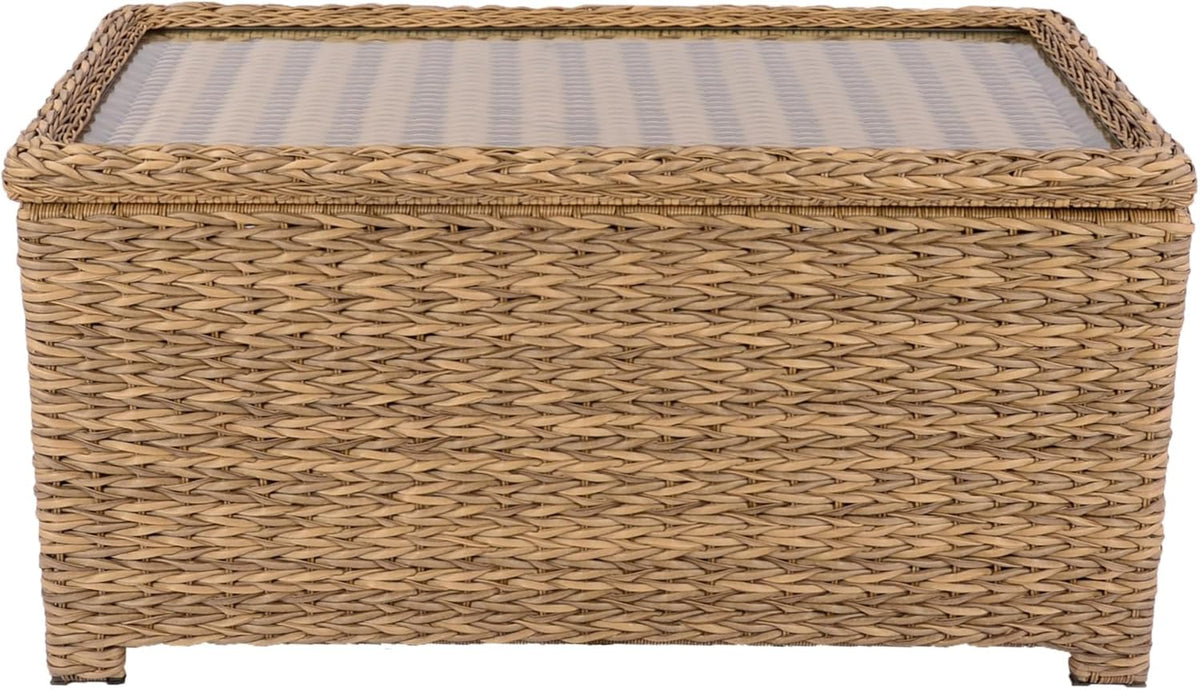 Classic Patio Coffee Table with Storage, Hand-Woven HDPE Rattan Wicker Outdoor Coffee Tables, Tempered Glass Flip-Top, Waterproof for Porch Backyard (40''Wx19''Dx22''H, Light Brown)