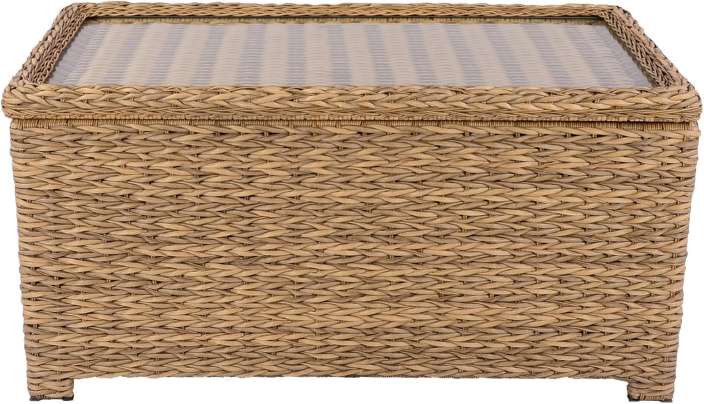 Classic Patio Coffee Table with Storage, Hand-Woven HDPE Rattan Wicker Outdoor Coffee Tables, Tempered Glass Flip-Top, Waterproof for Porch Backyard (40''Wx19''Dx22''H, Light Brown)