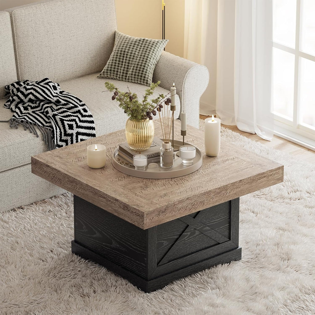Coffee Table 31.5 in Rustic Center Table with X Design Wooden Pedestal for Living Room, Dark Oak Square Home Office Sofa Side Table for Small Space, Easy Assembly, Space-Saving