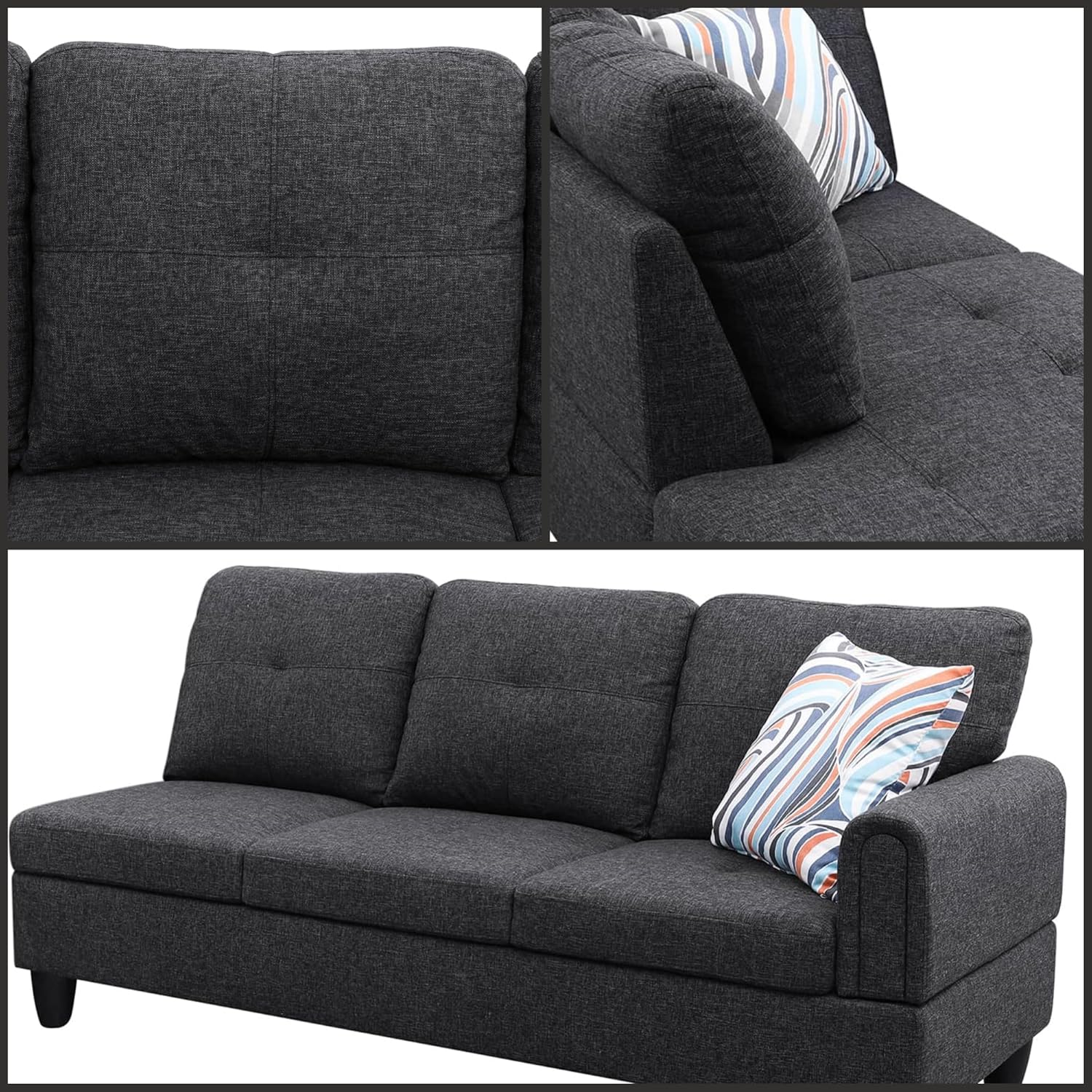 L Shaped Couch, Lounge Sectional Sofa with Chaise for Living Room, 6 Seat Modern Modular Couches with Movable Storage Ottoman, Black Grey