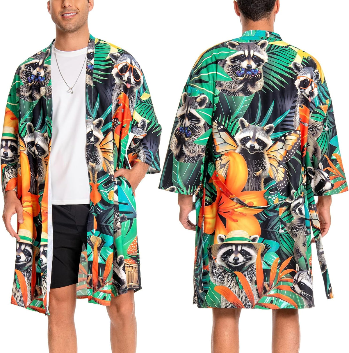 OLAOLA Men Lightweight Kimono Robe with Belt Japanese Style Robe Jacket Casual Open Front Long Cardigan Cape Coat Outwear