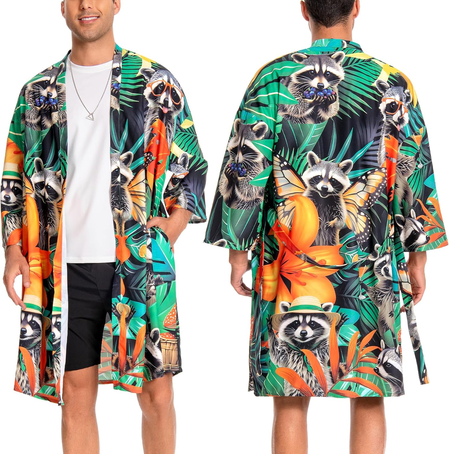 OLAOLA Men Lightweight Kimono Robe with Belt Japanese Style Robe Jacket Casual Open Front Long Cardigan Cape Coat Outwear