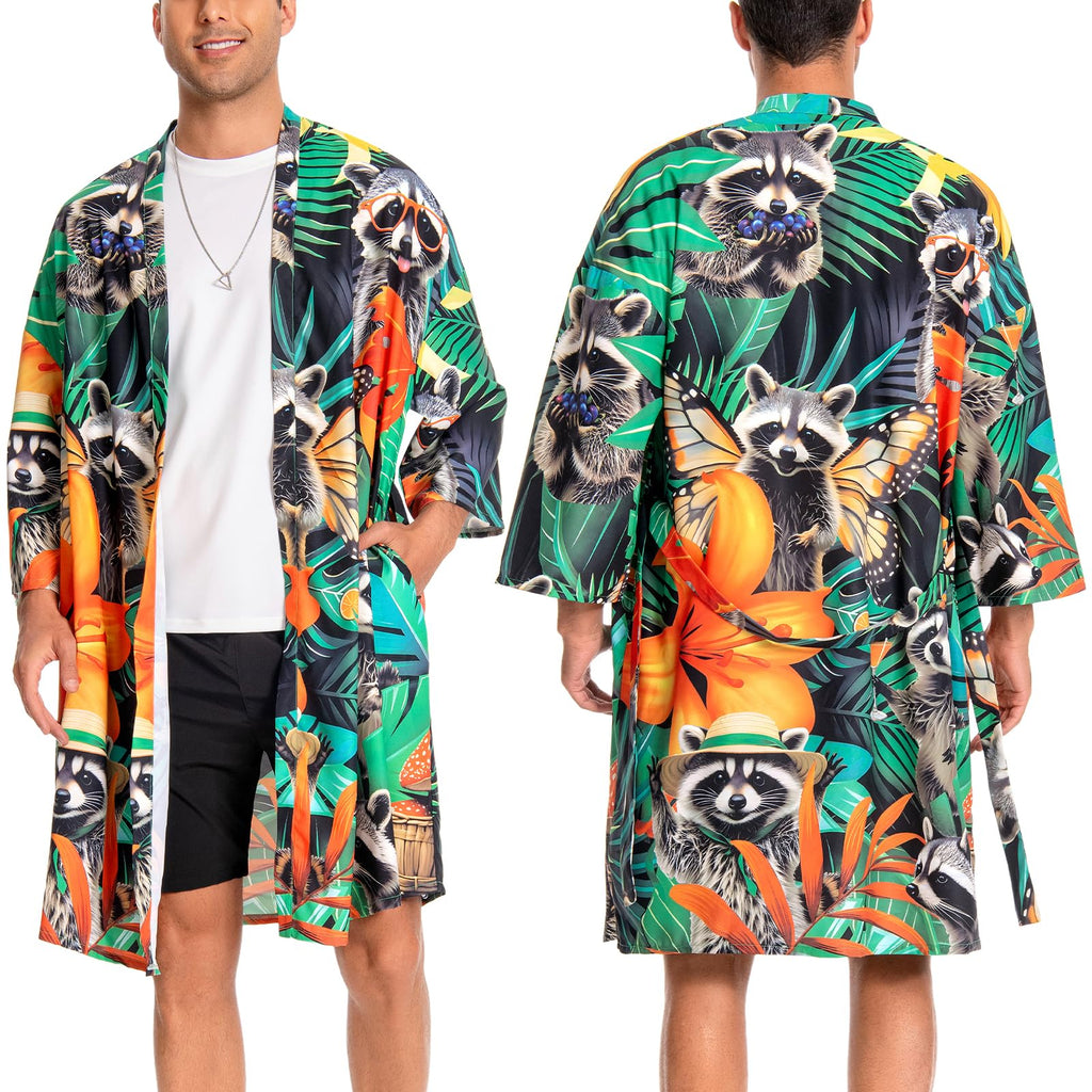 OLAOLA Men Lightweight Kimono Robe with Belt Japanese Style Robe Jacket Casual Open Front Long Cardigan Cape Coat Outwear