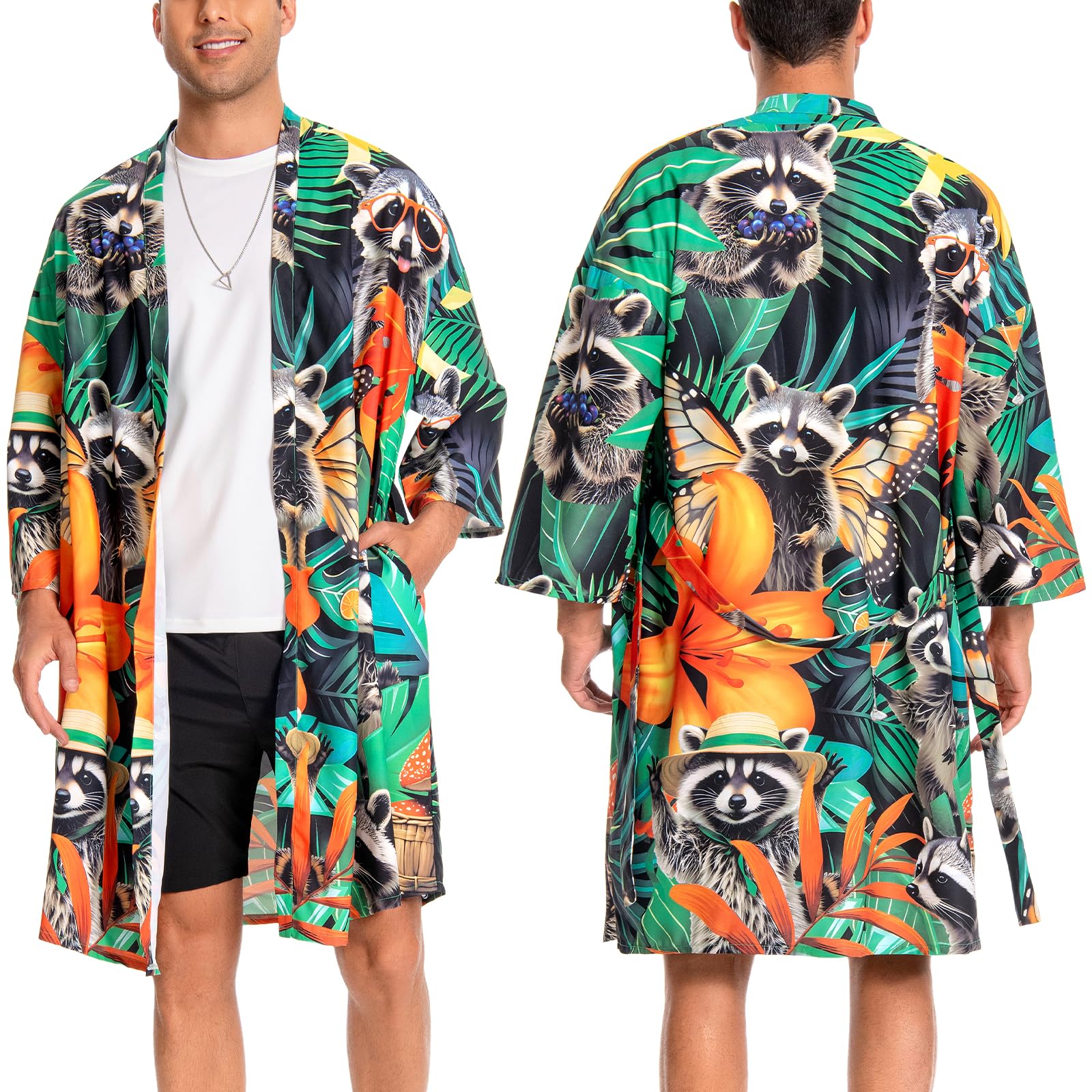 OLAOLA Men Lightweight Kimono Robe with Belt Japanese Style Robe Jacket Casual Open Front Long Cardigan Cape Coat Outwear