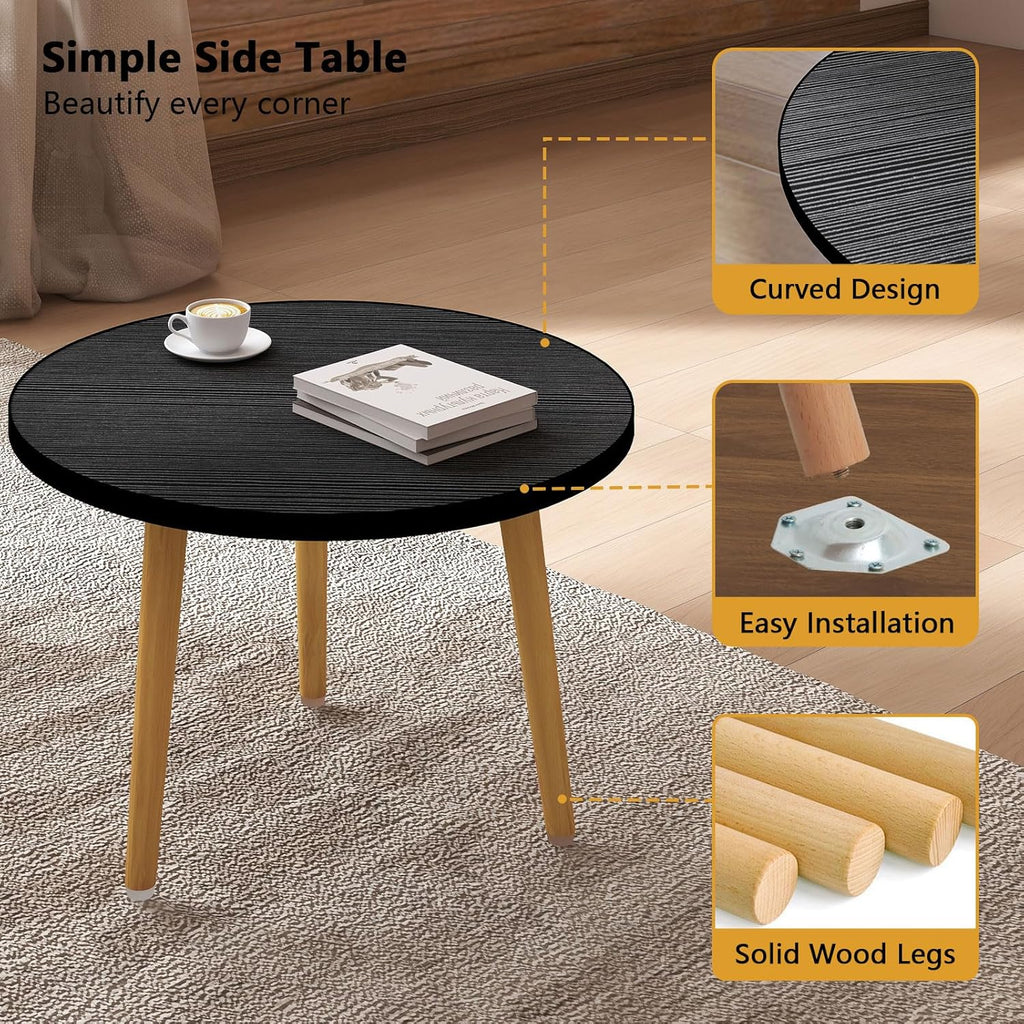 Round Coffee Table Low Table with 3 Solid Wood Sturdy Legs, Floor Table Desk for Sitting on The Floor, Storage and Living Room Furniture (Black)
