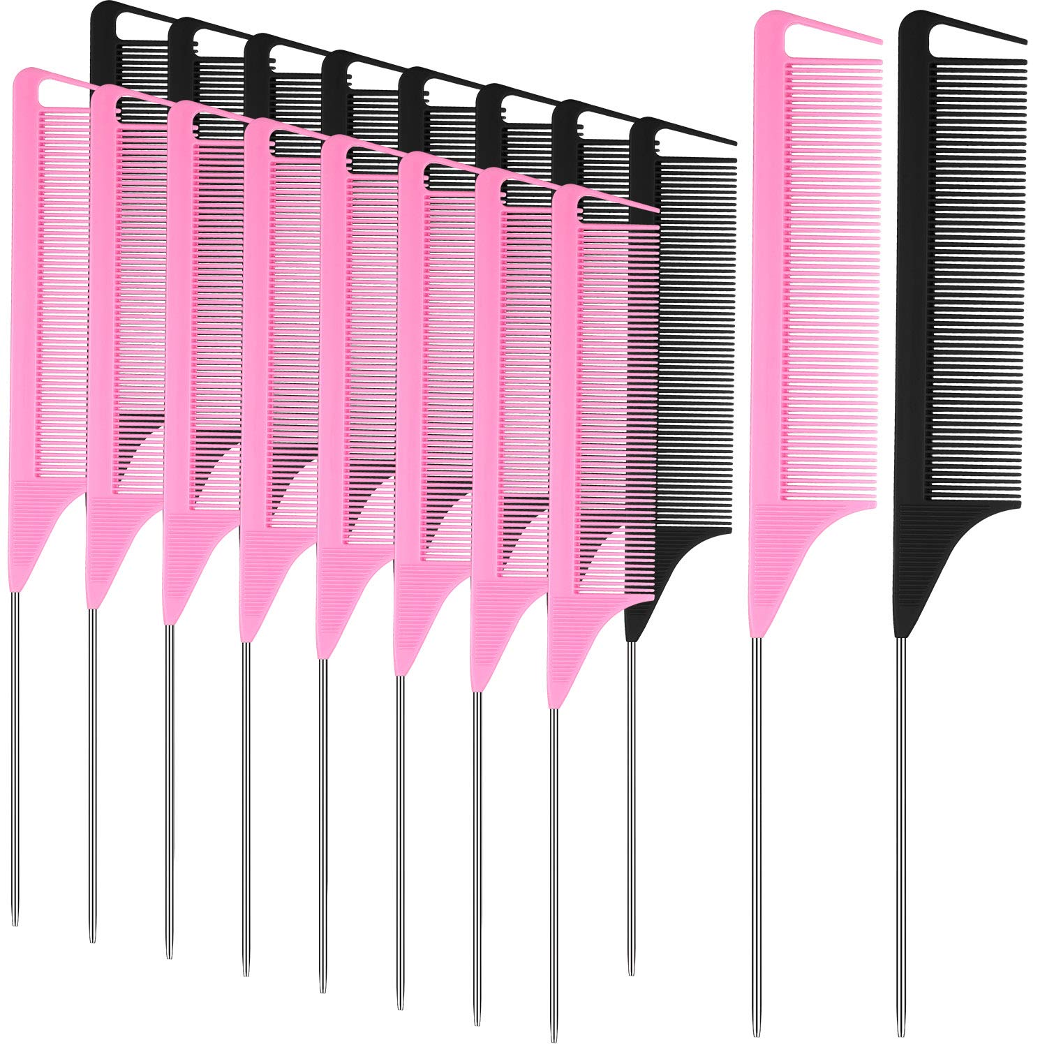 18 Pieces Parting Comb for Braids, Rat Tail Teasing Stainless Steel Pintail Comb for Hair Cutting Hair Styling Hairdressing (Black, Pink)
