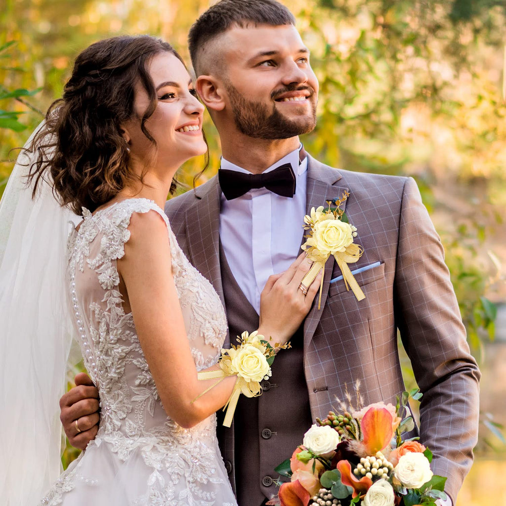 Zestaw z kołnierzykiem z kości słoniowej i różą na nadgarstek, opaska na nadgarstek, bransoletka oraz butonierka dla mężczyzn, kobiet, panny młodej, druhny, kwiaty na wesele i bal (A-Butonierka i kołnierzyk na nadgarstek)